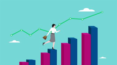 kazanç performansı, kariyer başarısı ya da iş büyümesine yolculuk, kariyer başarısı ve finansal özgürlük için bir sürü gelir, büyüme grafiğinde yükselen iş kadını