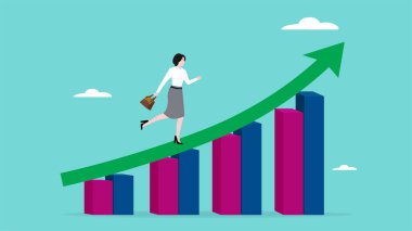 Kariyer başarısı ve finansal özgürlük, kariyer başarısı ya da iş büyümesi, kar performansı, büyüme grafiğinde yükselen iş kadını