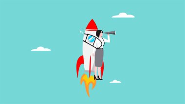 Yeni iş kurma, işletme kurma stratejisi ve yönetimi kullanarak hedef pazarları bulmak, teleskop vektör illüstrasyonuyla hedef pazarı gözlemlerken roket kullanan kadın