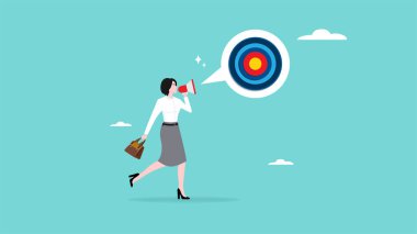 iş hedefi illüstrasyonunu, başarı mücadelesi motivasyonunu, iş hedefi veya amacını açıkla, hedef kitle, iş kadını hedef tahtası işareti ile hedef işi duyurmak için megafonu kullan