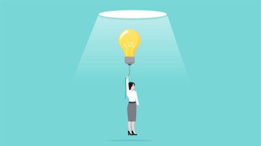 Ticari başarı veya finansal özgürlük, strateji veya ticari başarı elde etmek için prosedür, seyahat işi, eylem kariyeri, ampul balonu konsepti kullanarak uçan iş kadını