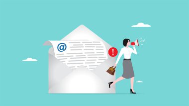 İş bilgilerini e-posta, gazete ve e-posta pazarlama kavramı yoluyla vermek, şirket iş mektupları sunmak, kadınlar megafon konsept vektör ilülasyonu kullanarak e-posta mektuplarıyla bilgi iletmek