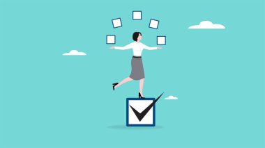 Uzmanlar başarılar, iş dünyasının mesleki becerileri, kutucuk taşırken kontrol kutusunda duran iş kadını listesine ulaştılar