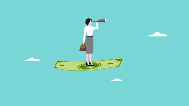 İş kadını banknotlar üzerinde uçarken, iş fırsatları için dürbün kullanarak para vektörü çizimi ile bir sonraki iş stratejisini arıyor.