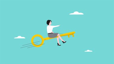 İş hedefine ulaşmak için anahtar, işte başarı için gizli, iş hedefi vektör ilüstrasyonuna ulaşmak için altın anahtarı kullanan başarılı kadın