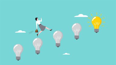 En iyisini bulmak için farklı iş fikirlerini deneyin, şirket yönetiminde yenilik iyi iş yapmak için değişim, iş kadınları ampullerin önünden atlayıp canlı ampul vektör ilülasyonu
