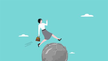 Problemi çözmek ve şirketin başarısını yönlendirmek için motivasyon, kendine güvenen iş kadını, başarı vektörü illüstrasyonunun önündeki büyük engelleri aşıyor.