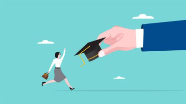 Mezuniyet konsepti, mutlu kadın mezuniyet şapkası büyük el konsepti vektör illüstrasyonundan düz tasarım stili