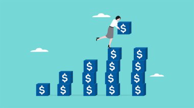 Özsermaye konsepti piyasa değeri, yatırım temettüleri artışı, yatırımlardan pasif gelir, iş kadını mali büyüme çizelgesi çizelgesine dolar kutusu koydu