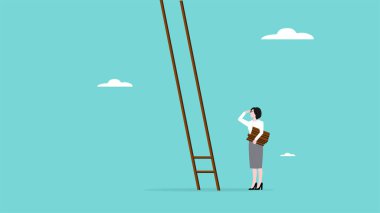 Kariyer başarısı için bir merdiven inşa etmek, ticari başarı için yolculuk, yaratıcı fikirler veya sorunları çözmede yenilikler, iş kadını kariyer konsepti çizimi için bir merdiven inşa ediyor