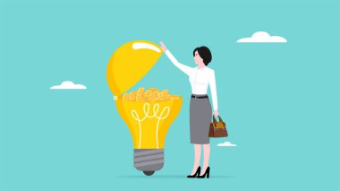 İş kadını, altın sikkelerle dolu ampul fikrini, para, bilgi ya da yaratıcılık, kariyer başarısı ve finansal özgürlük için yaratıcı fikri, ticari başarı elde etme stratejisini açıyor.