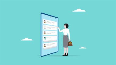 İş iletişimi için akıllı telefon, akıllı telefon konsepti vektör çizimi ile kadın iletişimi