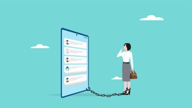 İş kadını Büyük Akıllı Telefona Zincirli, cep telefonu konseptini aşırı kullanıyor, cep telefonu fobisi olsun ya da olmasın, cep telefonu bağlantılarını kaldırmaktan korkan iş adamları