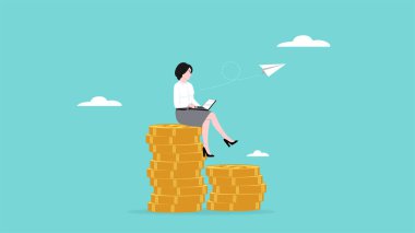 Bir yığın altın sikke üzerinde dizüstü bilgisayar kullanarak çalışan iş kadını, çevrimiçi iş dünyasından veya iş konsepti çiziminden para kazanıyor