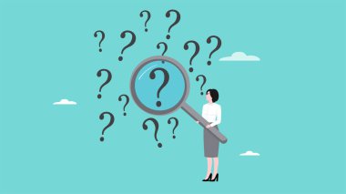 Sorunların ya da usulsüzlüklerin analizi, bir sorunun temel sebebini araştırmak, bir sorunun çözümünü aramak, iş kadını büyüteçle soru işaretini analiz ediyor