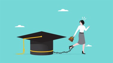 Kariyer başarısını engelleyen eğitim maliyetlerinin yükü, mezuniyet şapkası konsepti çizimine zincirlenmiş kadın