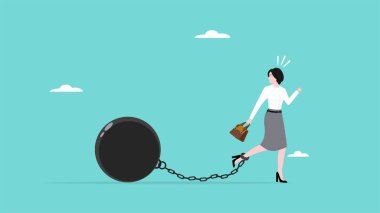 Ağırlık topu illüstrasyonuna zincirlenmiş kadın, borç yükü, mali yükümlülük veya kredi ödemesi, ipotek veya borç sorunlarının çözümü, yüksek faiz oranlarından borç yükü riski