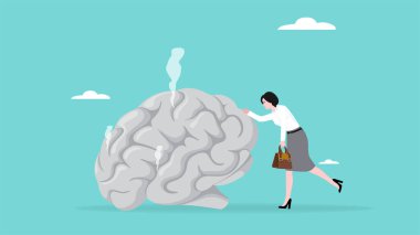 Bozuk beyin konsepti vektör çizimi, pornografi ya da PMO yüzünden beyin hasarı, depresyondaki kadın işine konsantre olamıyor çünkü beyni hasar görmüş.