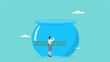 iş dünyasındaki engelleri aşmak için yenilik, yönetim veya strateji, merdivenli iş kadını balık akvaryumundan kaçmaya hazırlanıyor akvaryum kavanozu hapishane konsepti çizimi