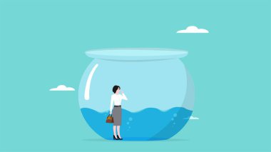 Kafası karışık bir iş kadınıyla iş ya da mali sorunları çözmek için çözüm arıyor. Su dolu bir balık akvaryumundan kurtulmanın bir yolunu arıyor. Akvaryum kavanozu konsept vektör çizimi.