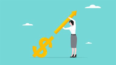 Artan kar, artan gelir çizelgesi ve işadamı tıkaçları dolar sembolü üzerine grafik oku, iş karı artışı ya da yatırımdan kazanç artışı