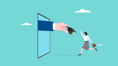 Çevrimiçi dersler, mutlu kadın online üniversiteden mezuniyet şapkası alıyor, online çalışma konsepti illüstrasyonu