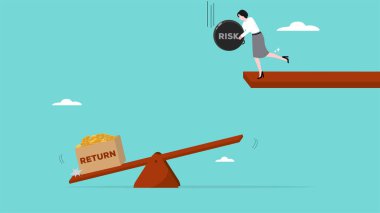 Başarılı bir iş illüstrasyonuna daha yüksek risk girişimi, yatırımcı iştahını riske atıyor ve yüksek ödül için yatırım varlığına yatırım yapıyor, iş kadını geri dönüş miktarını artırmak için tahterevallinin üzerine ağırlık atıyor