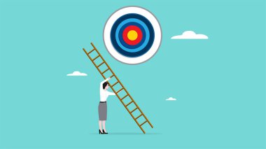 İş hedeflerine veya hedeflerine doğru bir başarı merdiveni inşa etmek, yaratıcı iş kadınının hedef tahtası sembolü veya iş hedeflerine merdiven dayaması, hedef illüstrasyonuna ulaşma stratejisi