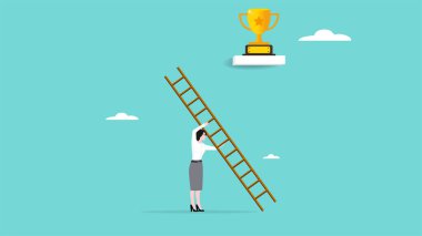 Zafere ya da başarı illüstrasyonuna giden merdiven, kariyer yolu ya da iş hedefi ve hedeflerine ulaşmak için adım, iş kadını başarı konsepti illüstrasyon kupasına ulaşmak için merdivenlerden yukarı koşuyor