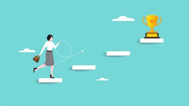 Zafere ya da başarı illüstrasyonuna giden merdiven, kariyer yolu ya da iş hedefi ve hedeflerine ulaşmak için adım, iş kadını başarı konsepti illüstrasyon kupasına ulaşmak için merdivenlerden yukarı koşuyor