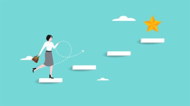 İş hayatında başarı umudu, kariyer geliştirme umudu, iş hayatında başarı elde etmek için büyüyen yolculuk, yıldız vektör ilüstrasyonuna ulaşmak için merdivenlerden çıkan iş kadını