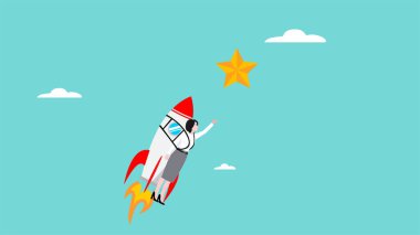 İş hayatında başarı umudu, iş kadını bir rokete biniyor başarı konsepti illüstrasyon yıldızlarına ulaşmaya çalışıyor