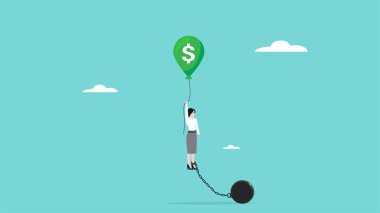 Çatışma ya da çıkar ilişkisi kararı, çatışma yönetimi kavramı, bir çıkar balonu ve çatışma topuna bağlı kafası karışık bir iş kadını.