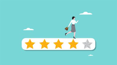 İş kadınlarının 5 yıldızlı derecelendirme paneli resimlemesi, üretkenliği artırmak için beceri geliştirme, üst düzey öldürme ve kişisel yeterlilik kavramı üzerinde çalışmaları için kişisel gelişim motivasyonu