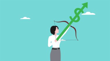 Dolar değerindeki artış, profesyonel iş kadını gökyüzü konsepti illüstrasyonuna doğru bir dolar sembolü olan bir ok fırlatıyor.