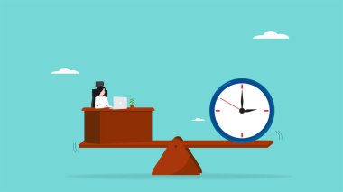 iş hayatı dengesi, esnek çalışma saatleri, iş zamanı yönetimi, tahterevalli ve saat dengesi vektör ilülasyonu ile çalışan iş kadını