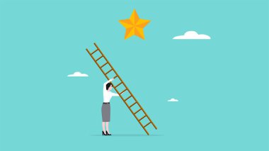İş hayatında ya da kariyerde başarı umuduna ulaşmak, kariyer geliştirme umutlarına ulaşmak için bir merdiven inşa etmek, başarıyı simgeleyen yıldıza ulaşmak için bir merdiven inşa etmek.