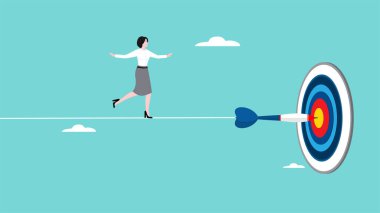 İş hedeflerine ulaşmak için yapılan yolculuk, efor ya da iş engellerini aşma azmi, iş kadını dart tahtasının ortasına saplanmış bir darta bağlı bir ipi geçiyor