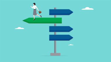 İş kararları gelecek yolu, iş büyümesi veya kariyer başarısı elde etmek için eylemler, kavşağın başında duran iş kadını vektör illüstrasyonunun yönünü seçti