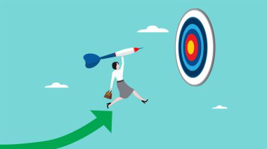 İş hedefi başarısı, hedef ve iş hedefi kavramına ulaşmak, hedefe ulaşmak için yönetim veya strateji, yükselen grafikten dart okuna koşan iş kadını