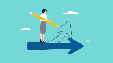 En iyi fırsat ve iş ve kariyer yolu için yön değiştir, iş stratejisini değiştir, iş kadını başarı elde etmek için yeni bir ok metaforu çiz,