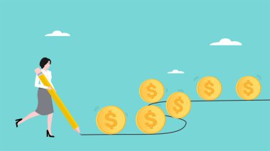 iş veya yatırım geri dönüş akışı, nakit akışı konsepti, kalem çizgileri ile iş kadını yatırımcı para akışını kontrol,