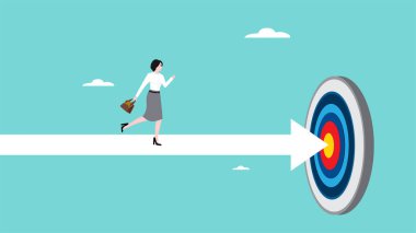 İş hedeflerine veya hedeflerine ulaşmaya odaklan, başarılı olmak için doğru kariyer yolu, hedef tahtası konsept vektör ilülasyonuna doğru düz bir ok üzerinde koşan kendine güvenen iş kadını