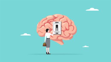 Stres veya problemleri azaltmak için beyni kapatmak, beyninizdeki endişeyi azaltmak, stres konseptini azaltmak, stres yönetimini azaltmak, insan beyni kavramının düğmesini kapatan kadın.