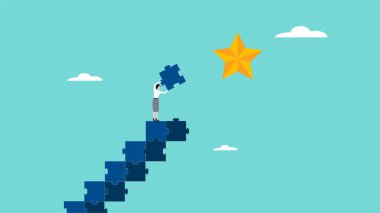 İş hayatında veya kariyerde umuda ulaşmak için strateji, kariyer geliştirme umutlarına ulaşmak için yolculuk, iş kadını bulmacayı başarıyı simgeleyen yıldıza ulaşmak için merdiven yapıyor.