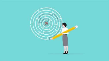 İş problemini çözmek için strateji ya da yenilik, başarının önündeki engelleri aşmak, beladan kurtulmak için strateji, zeki iş kadını kalem kullanarak labirent çözüyor.