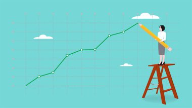 İş performansını artıran bir sürü gelir, iş kadını bir kalem, iş hedefleri ve kâr hedefleme süreci kullanarak finansal büyüme grafiği oluşturmak için merdivenleri tırmanıyor.