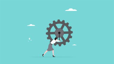 İş kadını, iş sistemi geliştirmek için dişlileri zorluyor, iş liderliği kavramı vektör illüstrasyonu