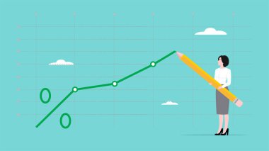 Artan faiz oranları, ipotek veya finans bankasındaki faiz oranlarındaki artış, iş kadını kalemle faiz oranlarındaki artışın bir grafiğini çizdi