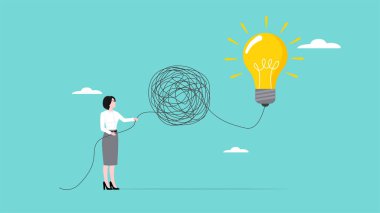 Zihnini boşaltmak için duyguları işlet, odaklanma engellerini kaldır, yaratıcı iş kadını ampul fikrini bulmak için karmaşık çizgileri çöz